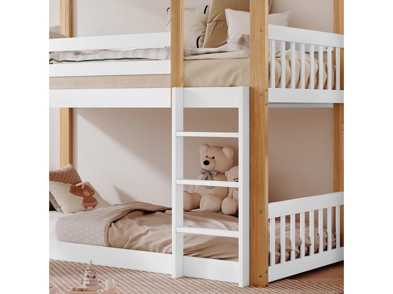  Lit superposé enfant avec fenêtres, échelle angulaire, toboggan et barrières, 90x200cm, blanc et naturel  - Conforama C