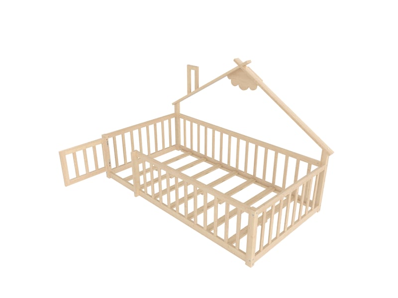  Lit plat 90x190 cm, lit enfant, barrière maison, garde-corps avec serrure, pin, naturel  - Conforama A