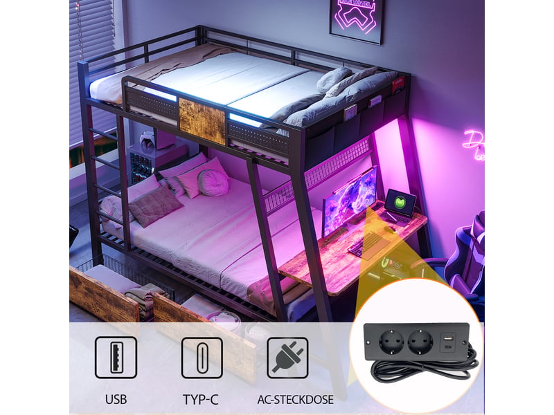  Lit superposé 140×200 cm – avec prise électrique – ports usb et type-c inclus – bandeau led inclus – noir (matelas non inclus)  - Conforama E