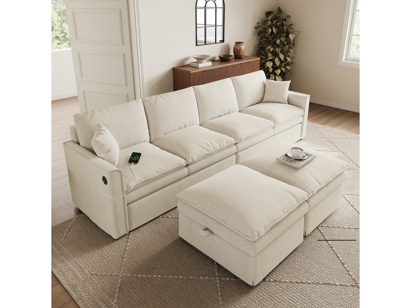  Canapé modulable 6 places, 2 poufs coffre  - forme ul, usb type-c, coton lin - 277 × 135 × 80 cm beige  - Conforama C