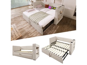 Lit banquette 90x200 cm, canapé-lit avec lit gigogne extensible, accoudoirs avec ports usb & type-c pour chambre d'amis, tissu lin beige