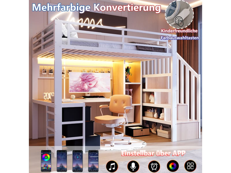  Lit mezzanine 90x200 cm avec bande lumineuse led et 4 tiroirs, lit enfant avec étagère et bureau, lit 2 personnes en blanc  - Conforama D