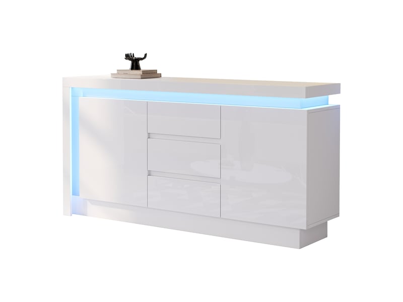  Buffet blanc brillant avec led 2 portes 3 tiroirs 140 cm  - Conforama A
