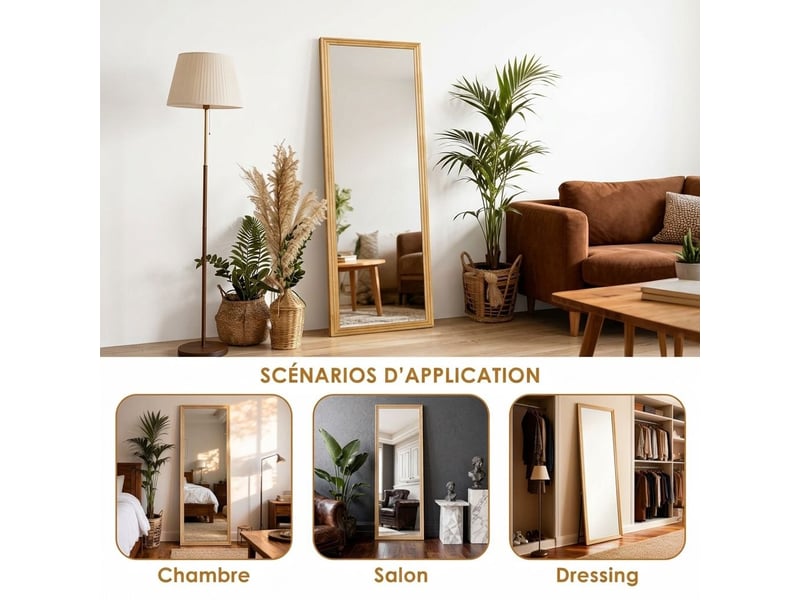  Miroir sur pied rectangulaire pleine longueur 160 x 50 cm – grand miroir psyché autoportant avec cadre mouluré en bois massif et verre hd anti-déformation pour chambre, dressing et salon – bois naturel  - Conforama B