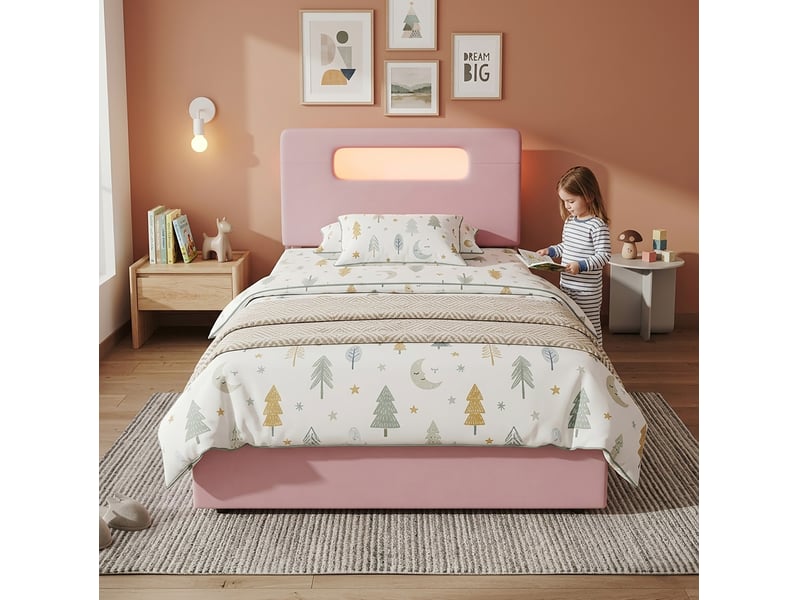 Lit enfant 90x200 cm en velours rose, 4 tiroirs, tête de lit avec rangement ouvert et led pilotable, sans matelas  - Conforama E