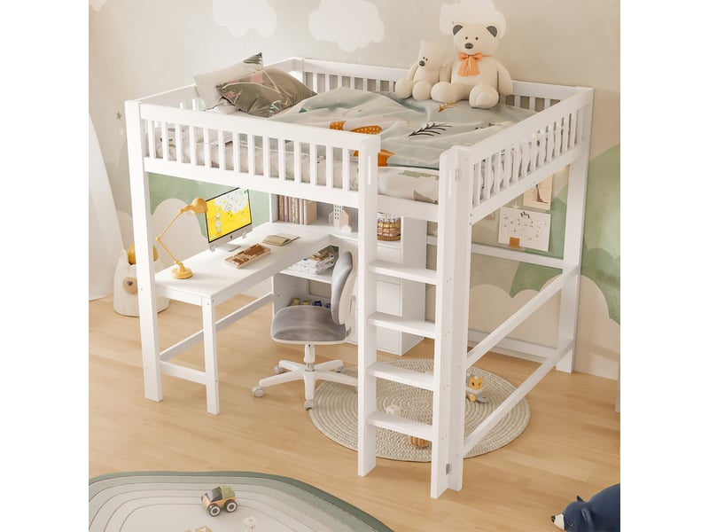 Lit mezzanine 140x200 blanc avec bureau, échelle, étagères et 3 tiroirs, structure en pin et mdf, couchage surélevé enfant - Conforama D