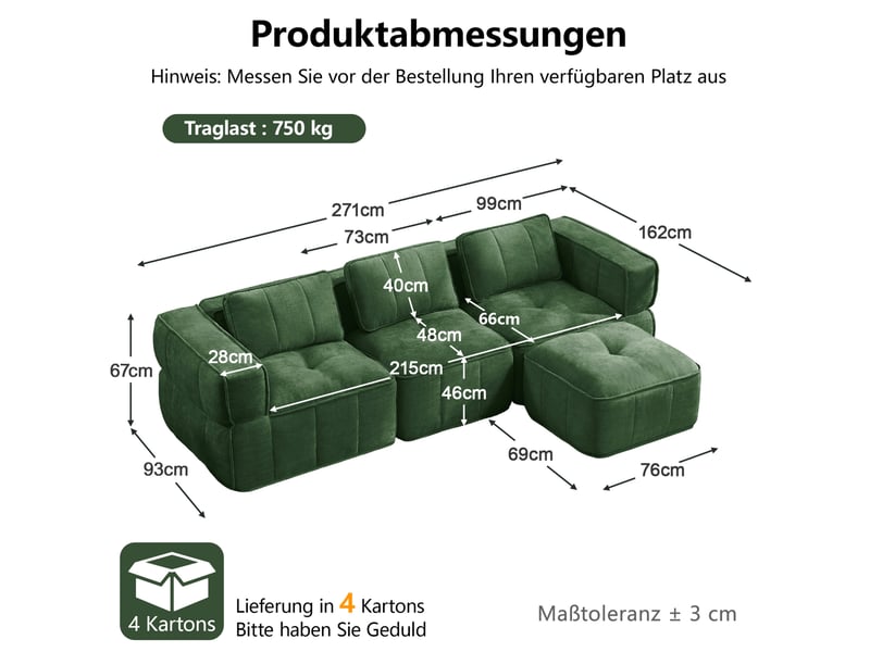  Canapé d'angle modulaire 3 places avec pouf, assise profonde et base antidérapante en polyester vert  - Conforama C