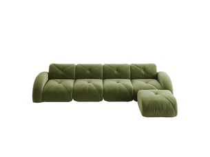 Canapé modulable 4 places avec repose-pieds en tissu chenille vert