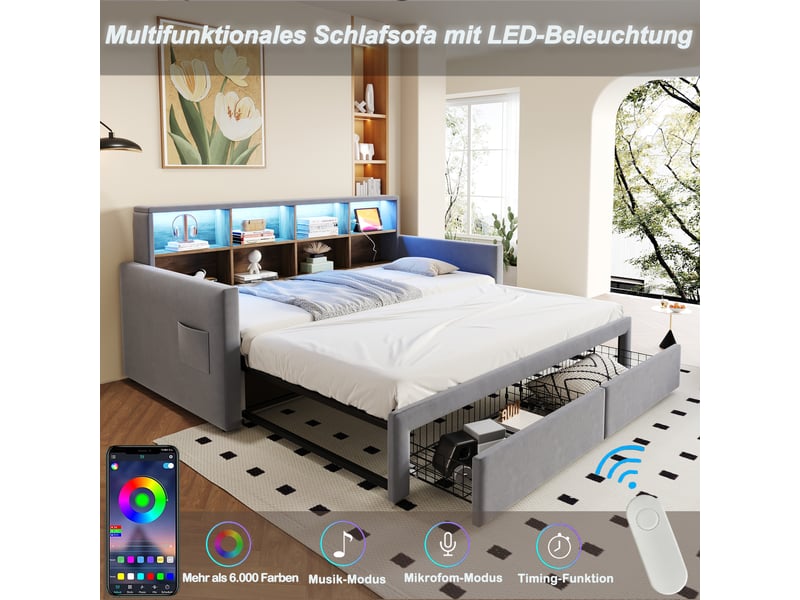 Lit gigogne enfant 90x190 cm canapé-lit avec led et tiroirs, velours, gris clair, sans matelas - Conforama R