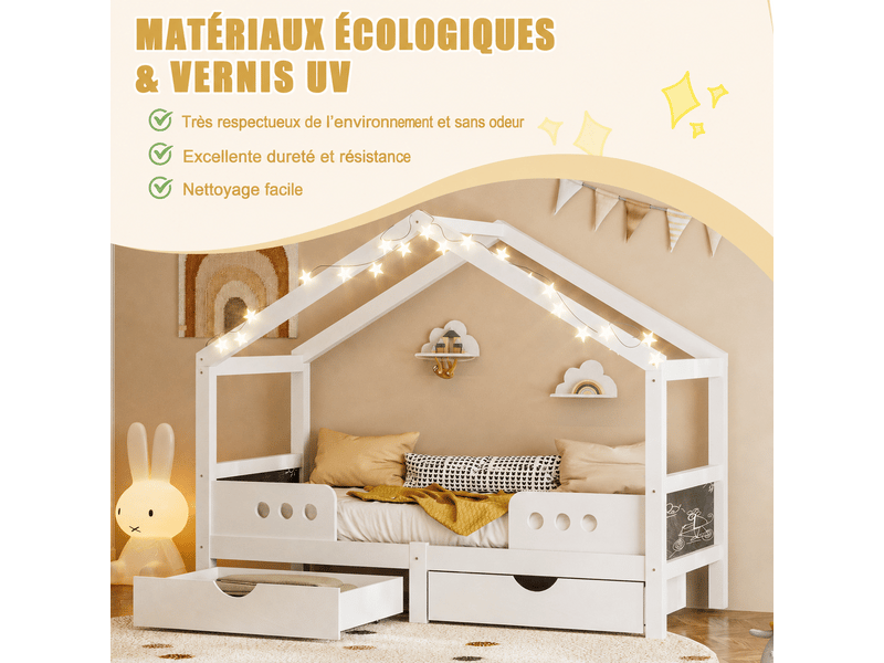  Lit enfant blanc 90 x 200 cm, lit cabane avec tableau de dessin, 2 grands tiroirs de rangement et design de toit - bois massif+mdf  - Conforama E
