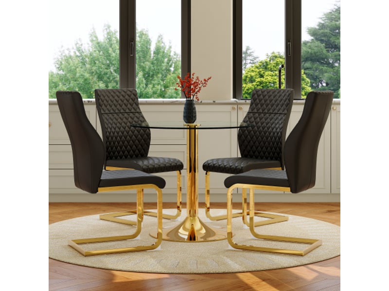 Table ronde en verre trempé ø85 cm, socle doré, 4 chaises noires et dorées - Conforama B