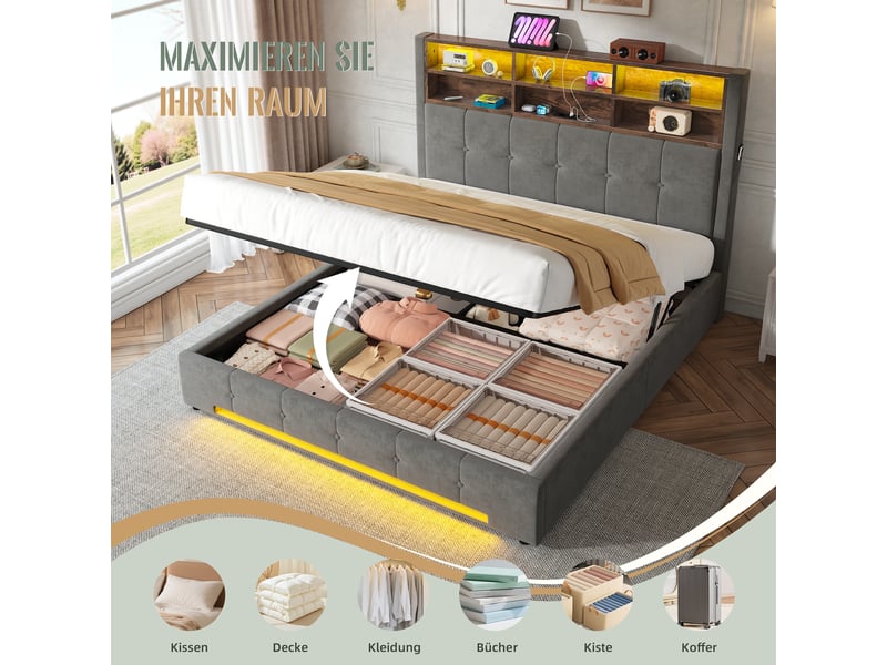  Lit coffre double 160×200 cm avec led réglable et usb-c - okmyhome- 6 étagères, velours gris foncé, sans matelas  - Conforama E