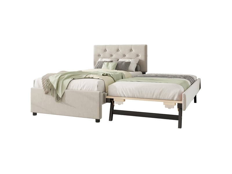  Lit gigogne 90x200 cm avec sommier à lattes et tête de lit capitonnée  - Conforama A