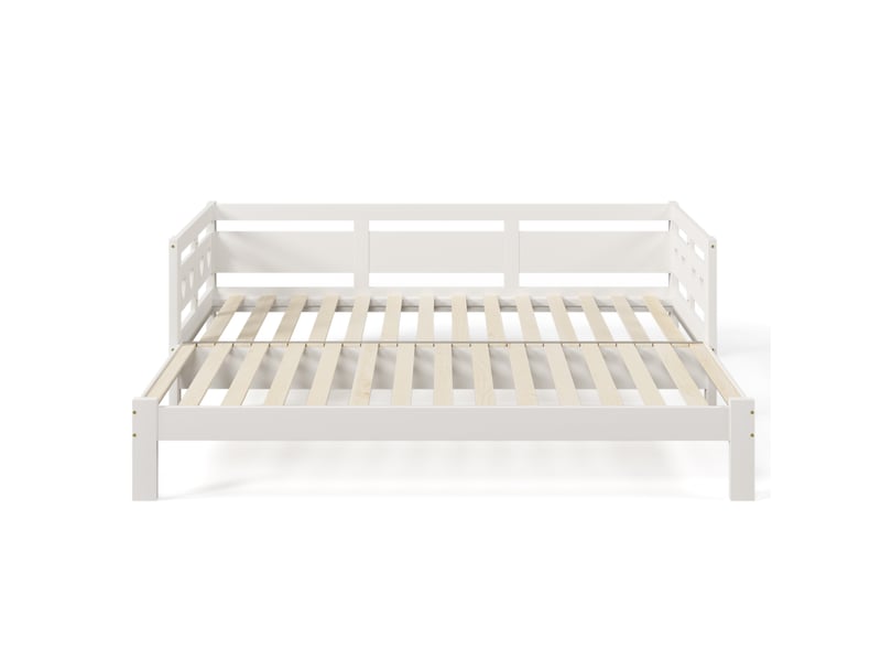  Lit gigogne 2 places en bois blanc avec couchage extensible et motif cœur, 90×190 cm, sans matelas  - Conforama E