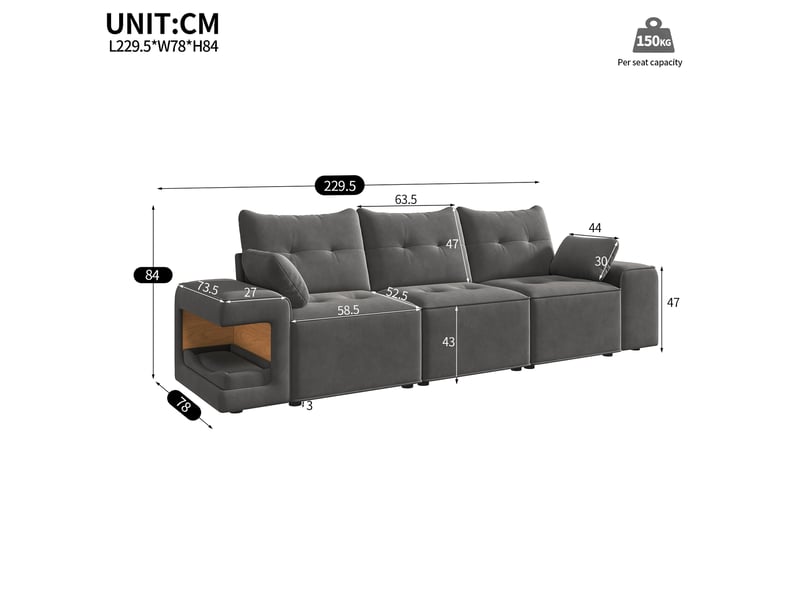  Canapé modulable 3 places, velours gris avec accoudoirs larges, canapé avec rangement intégré et niche intégrée pour salon, 229.5cm  - Conforama C