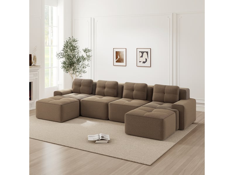 Canapé modulable en u 382x177x69 cm 4 places, mousse 32d, assise profonde 74 cm, en velours côtelé, marron - Conforama D
