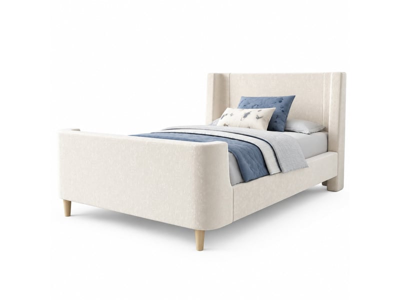  Lit simple enfant 200×90 cm de forme traîneau à motif spatial, sans matelas, en velours beige, avec sommier à lattes  - Conforama A