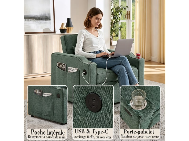  Fauteuil convertible 1 place - 190x85x86 cm - fauteuil 3-en-1 avec ports usb type-c et porte-gobelet - vert  - Conforama D