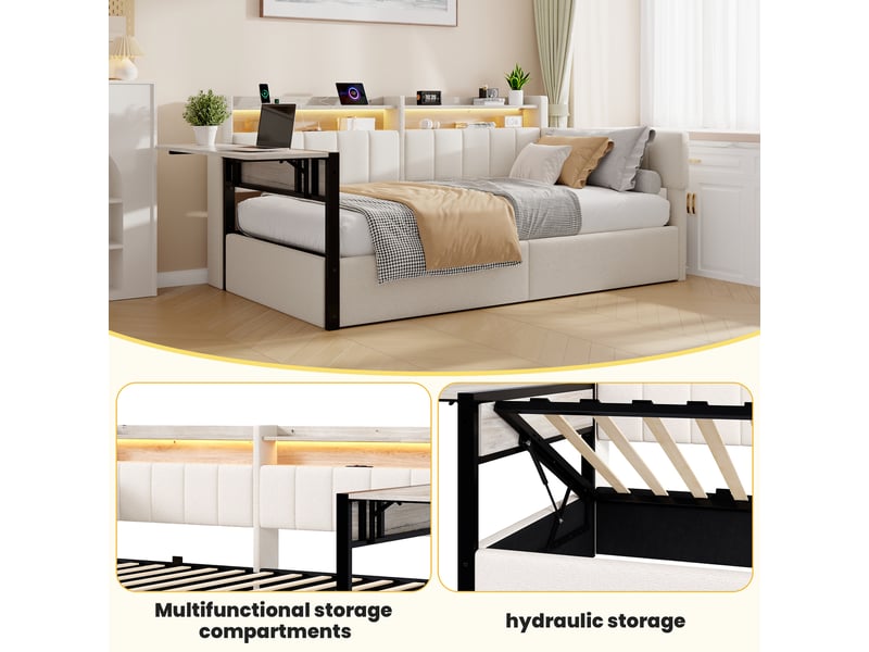 Lit banquette 90x200 cm en velours blanc avec coffre hydraulique, led, usb, table rabattable et chevets interchangeables Morn Vibe - Conforama E