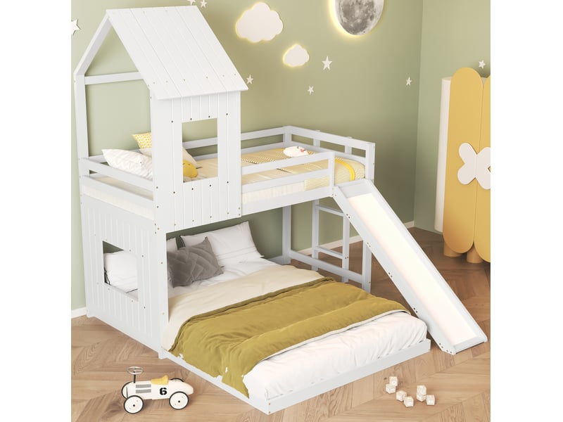 Lit superposé enfant avec toboggan, 90x200 et 140x200 cm, blanc, bois et mdf  - Conforama E