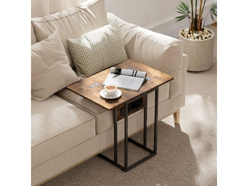 Table d'appoint pliable en c avec plateau extensible et station de charge pour salon, bois et métal, marron rustique - Conforama C