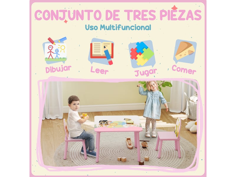 Table et chaises pour enfants, motif animaux, rose, pour garçons et filles de 3 à 8 ans - Conforama E