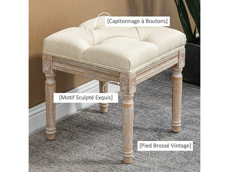  Repose pied salon, ottoman, siège rembourré en tissu aspect lin avec pieds en bois d'hévéa, beige, 40 x 40 x 43 cm  - Conforama A