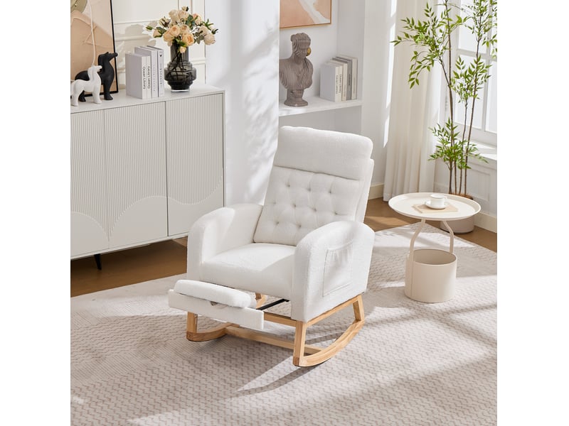  Fauteuil à bascule 65,5x123x102 cm, oscillation 30°, repose-pieds extensible, poches latérales, bois bouclé, blanc  - Conforama D