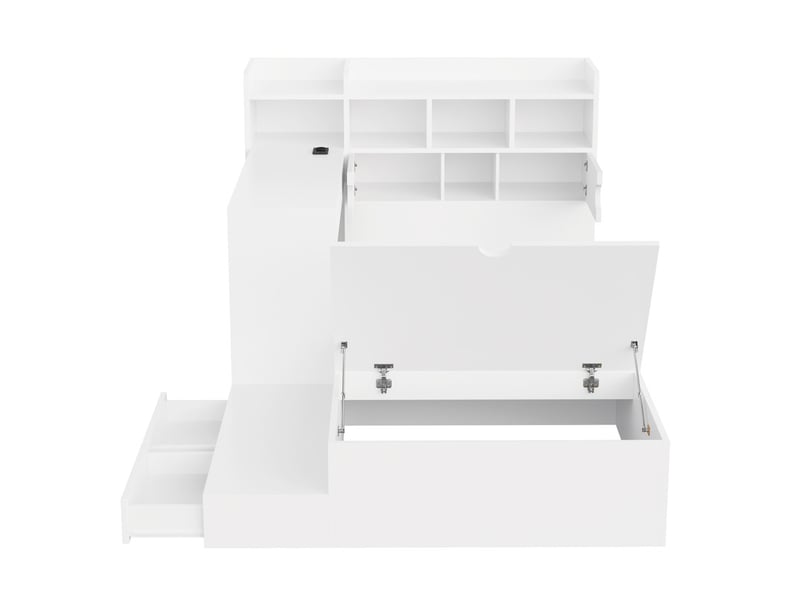 Lit enfant en bois, 90 x 200 cm, espace de rangement hydraulique, tête de lit avec rangement, bureau, éclairage led, blanc LDF00750AAK - Conforama E