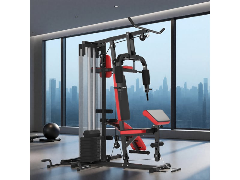 Station de musculation - banc, développé couché, butterfly, barre latissimus et traction, curler, bande résistance, 10 contrepoids - rouge  - Conforama D