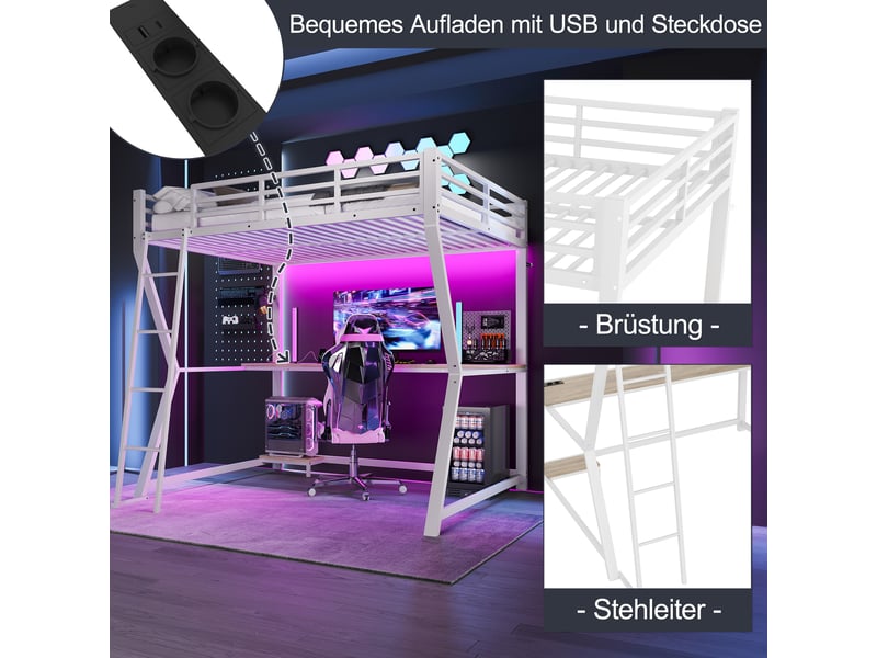  Lit mezzanine 140*200cm, structure en métal et mdf, éclairage led, bureau, port usb, échelle, sans matelas, blanc  - Conforama D