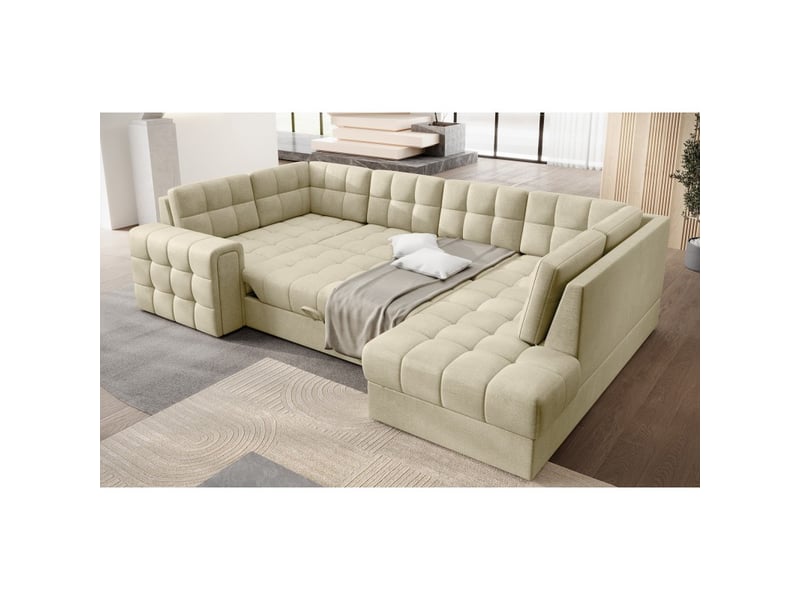 Canapé d'angle convertible monteza beige 299 cm avec coffre et couchage - Conforama B