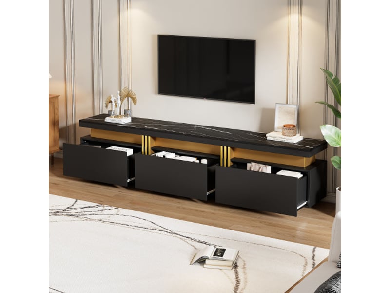  Meuble tv - bas noir aspect marbre - 200 x 40 x 42 cm - pour tv jusqu'à 90 pouces - 3 tiroirs  - Conforama C