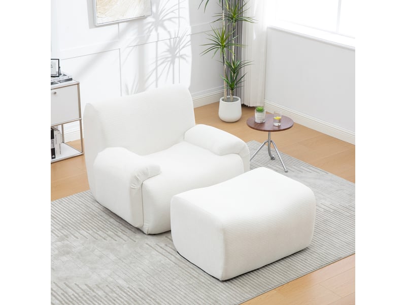  Fauteuil une place avec pouf en chenille ivoire, mousse haute résilience 30d, fauteuil compact pour petit espace, sans montage  - Conforama D