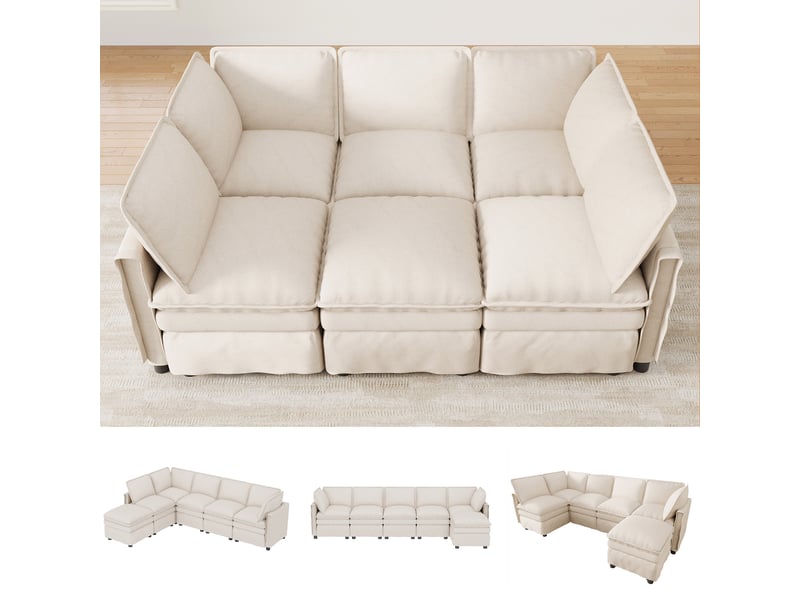 Canapé modulable xxl beige chenille 6-7 places convertible angle u ou l avec pouf  - Conforama W