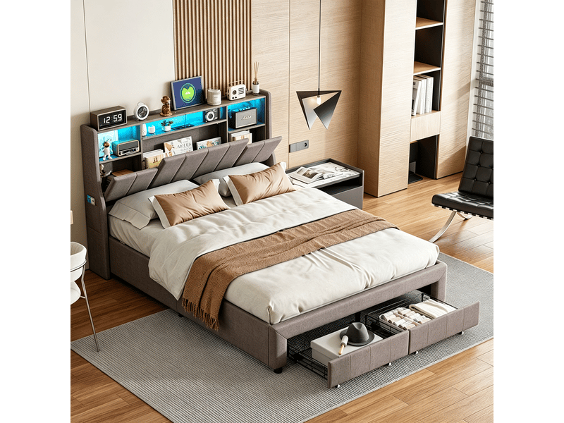  Lit 140x190 cm - 240813sm - led réglable - scandinave - lin - cadre de lit double 140x190 cm - gris  - Conforama B