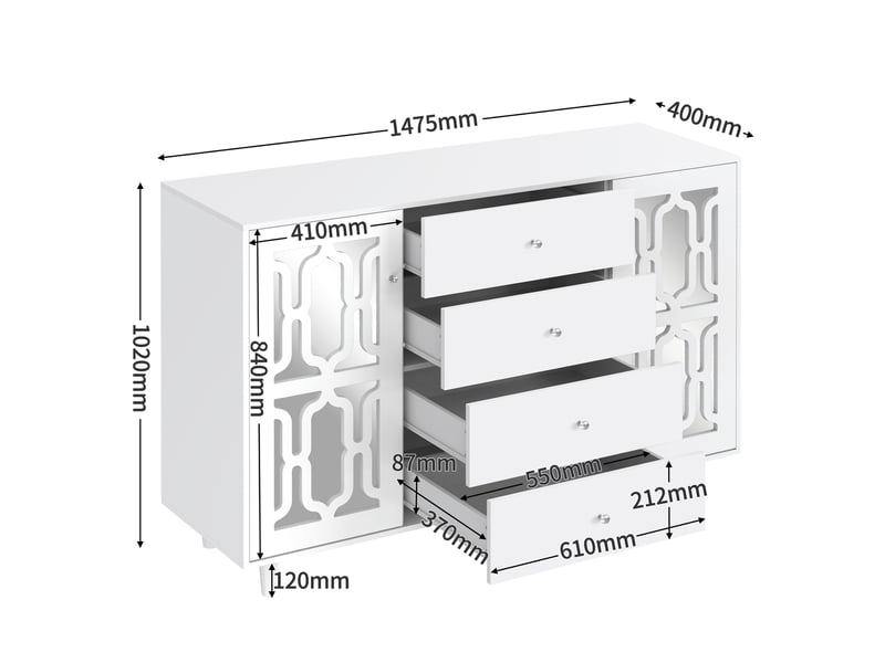  Buffet haut blanc avec portes à décor miroir et poignées effet cristal, 147,5 x 40 x 102 cm  - Conforama E