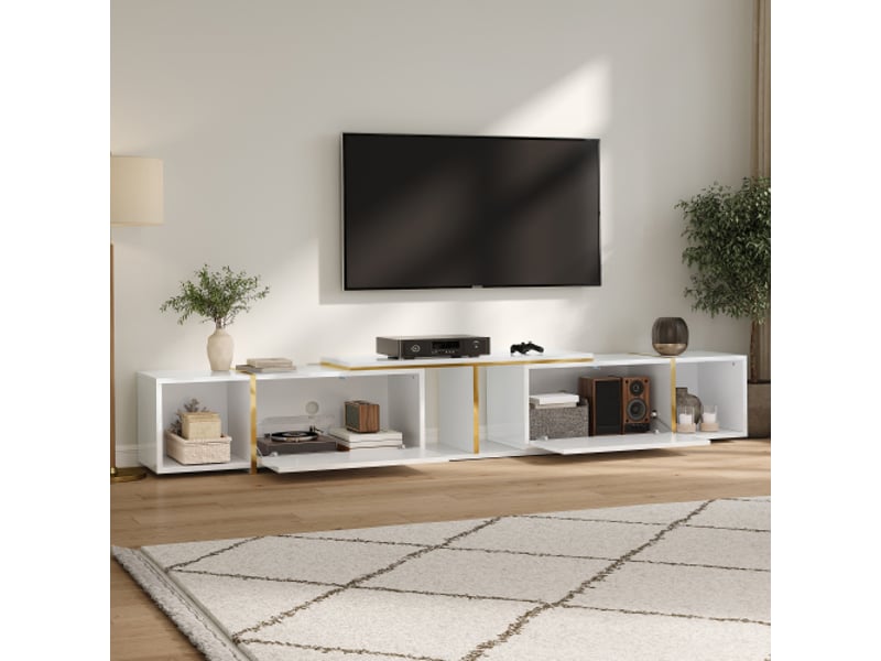Meuble tv extensible à façades brillantes – design moderne, étagères ouvertes, panneau de particules - Conforama D