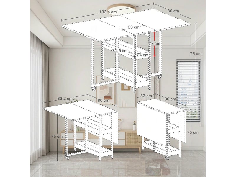  Table de repas pliante 133,4 x 80 cm – chêne – 2 abattants, niches ouvertes et roulettes freinées  - Conforama C