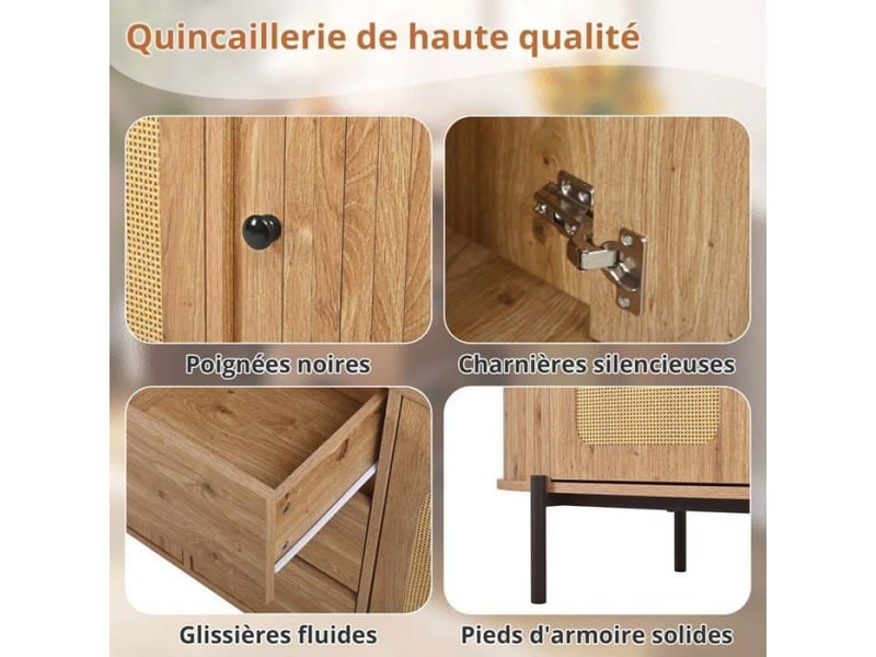  Buffet moderne, ovale en rotin avec étagères réglables, 140×38×77,5cm, meuble de rangement, double porte et trois tiroirs, couleur  - Conforama D