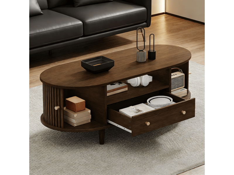 Table basse ovale de salon noyer, tiroir, portes coulissantes, niche ouverte, mdf design moderne 100x50x36cm PD-1 - Conforama D