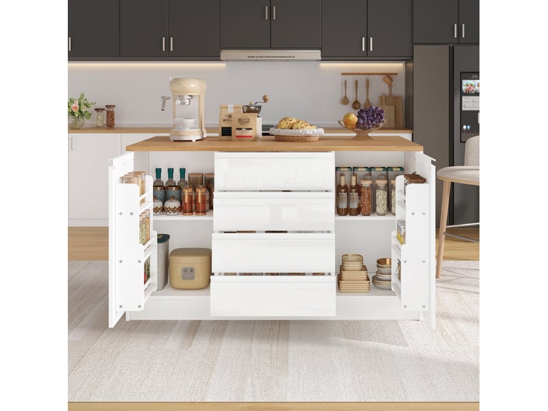 Desserte de cuisine 140x80x90 cm avec plan de travail extensible, 4 tiroirs, 2 armoires, mdf, blanc et naturel - Conforama B