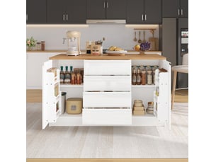 Desserte de cuisine 140x80x90 cm avec plan de travail extensible, 4 tiroirs, 2 armoires, mdf, blanc et naturel