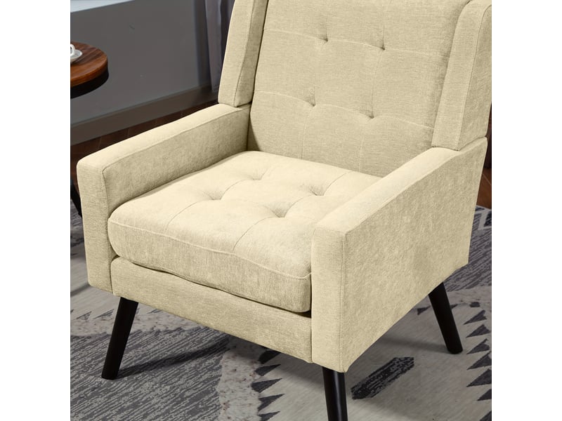  Fauteuil beige en daim capitonné, style milieu du siècle, mousse haute densité, pieds bois massif, salonchambrebureau  - Conforama C