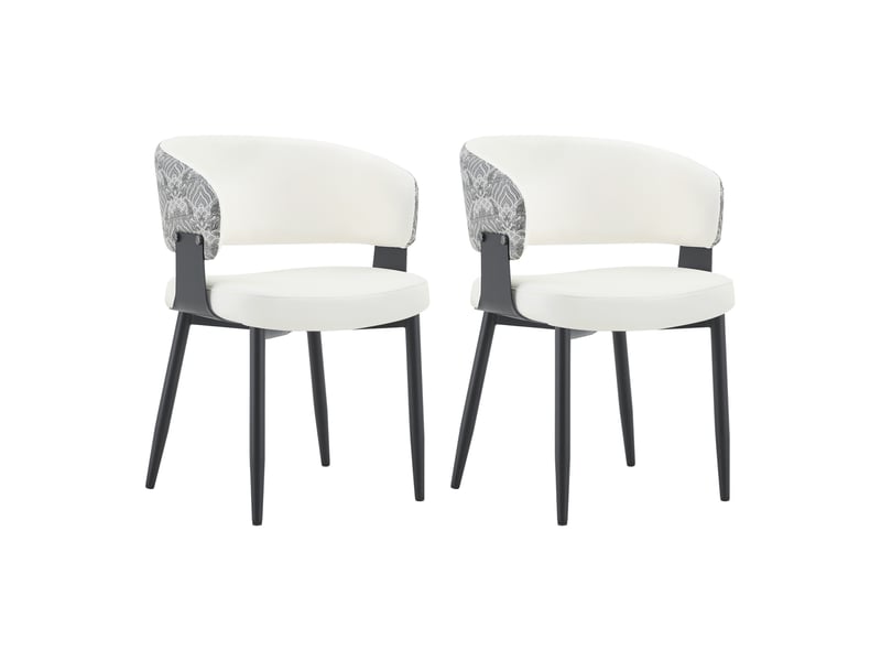  Lot de 2 chaises de salle à manger 44,5x48x77,3cm blanc et motif - en pu avec accoudoirs tonneau et pieds en métal noir  - Conforama A