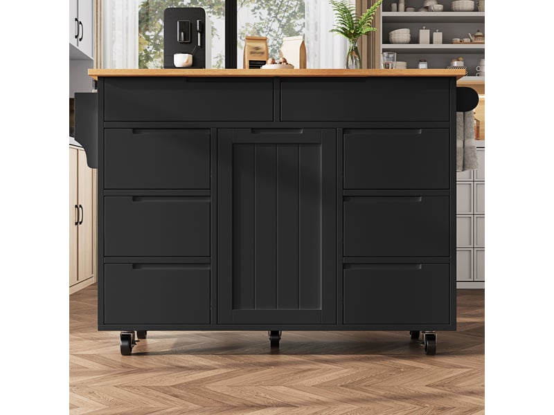  Îlot de cuisine moderne sur roulettes avec plateau pliant, desserte de cuisine avec 8 tiroirs, porte-épices et rangement, noir  - Conforama D