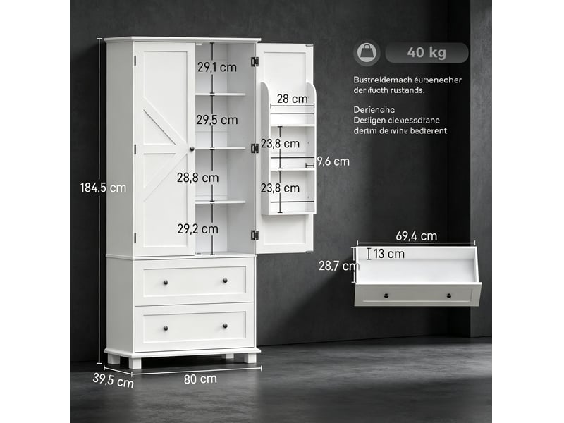  Buffet de cuisine haut à 2 portes et 2 tiroirs, étagères réglables, blanc  - Conforama E