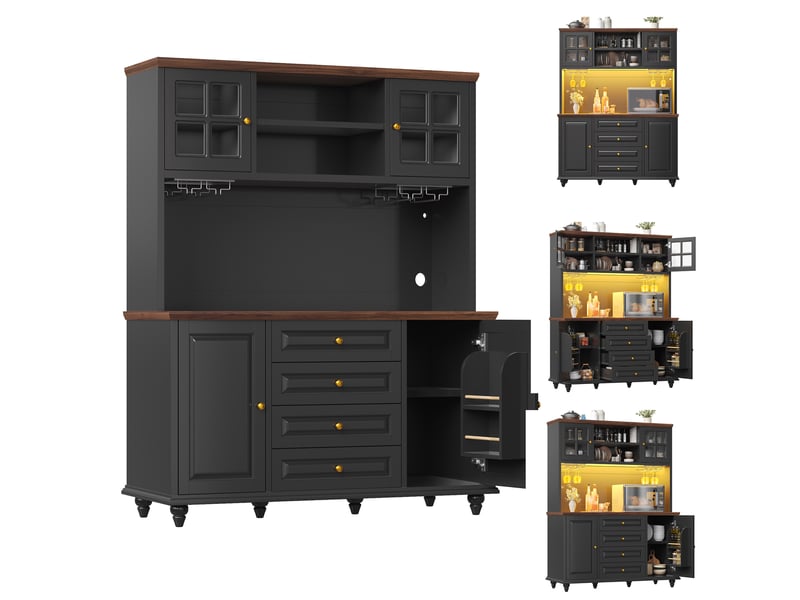  Buffet de cuisine 140x40x179,5 cm - 4 portes et 4 tiroirs, éclairage led rgb, étagères réglables, porte-verres - noir  - Conforama R