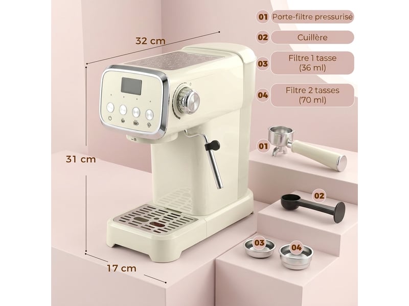  Machine à expresso avec buse vapeur à mousse de lait, cafetière 20bars, réservoir d'eau amovible 1,2 l, crème  - Conforama C
