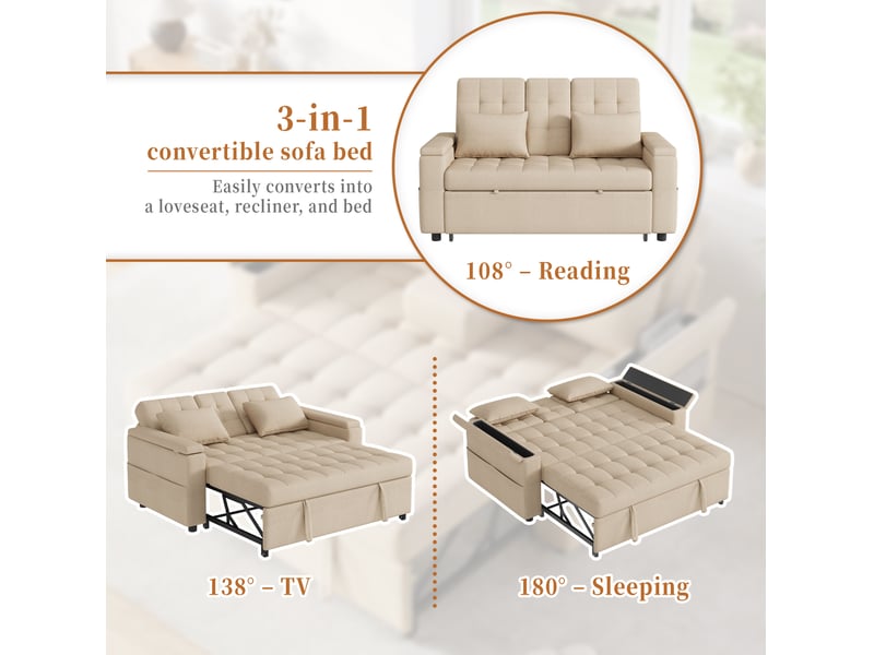  Canapé convertible ulevr 2 places avec rangement dans les accoudoirs, dossier réglable 108°138°180°, tissu aspect lin beige, 159 x 142,5 x 92 cm  - Conforama E